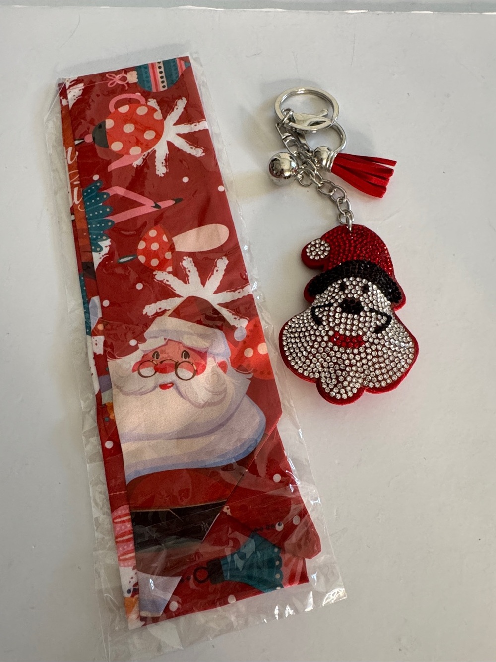 Red Santa Crystal Keychain and Twilly Scarf Set